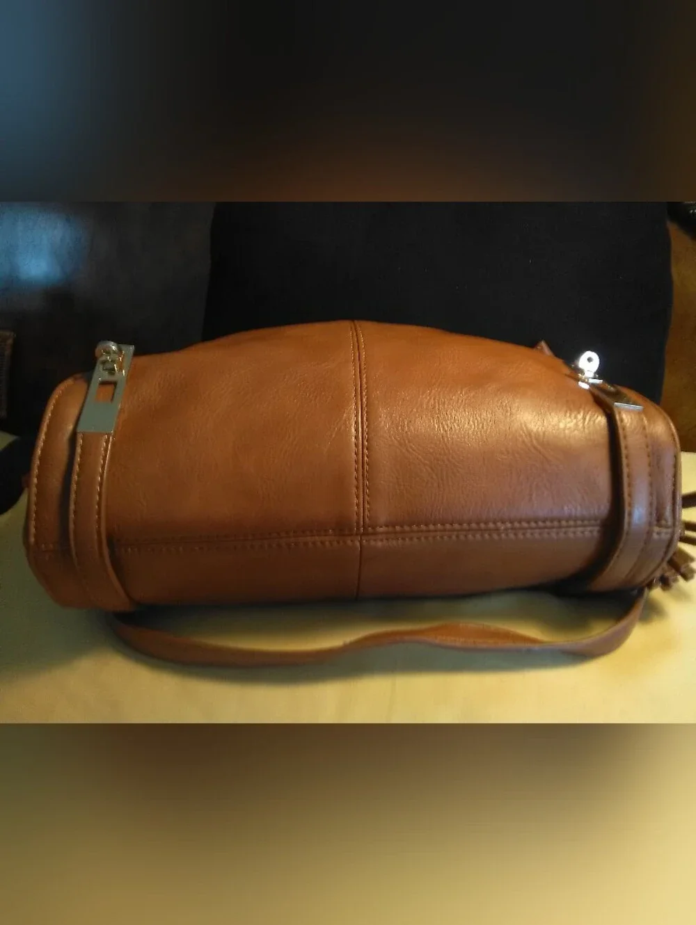 M.M.S. Brown VEGAN Leather Shoulder Bag Gold Buckles Adj. Strap